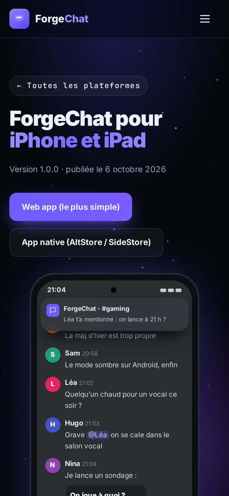 ForgeChat Mobile sur téléphone